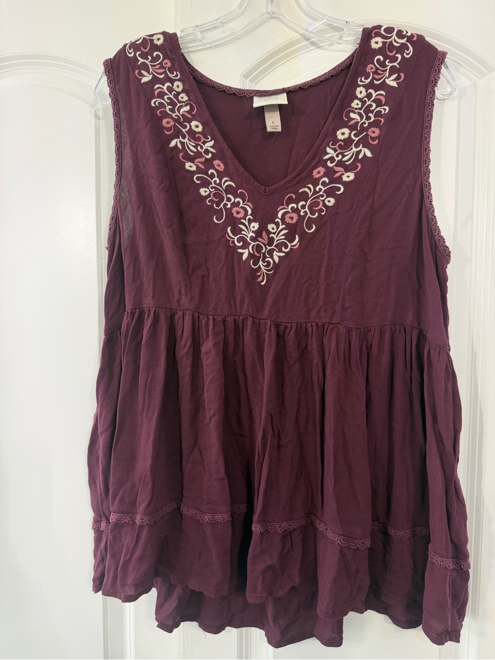 Knox Rose Plum Sleeveless V-Neck Tunic with Floral Embroidery